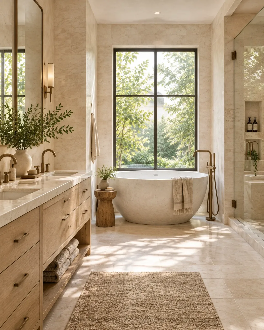 Quiet, light-filled bathroom renovation with natural materials