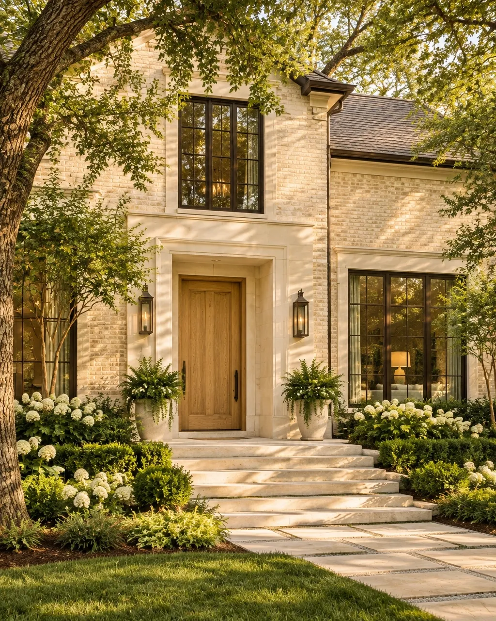 Refined home facade with pale brick, dark windows, and considered garden landscaping