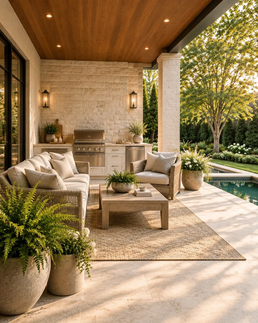 Covered outdoor living terrace with natural wood, pale stone, and garden views