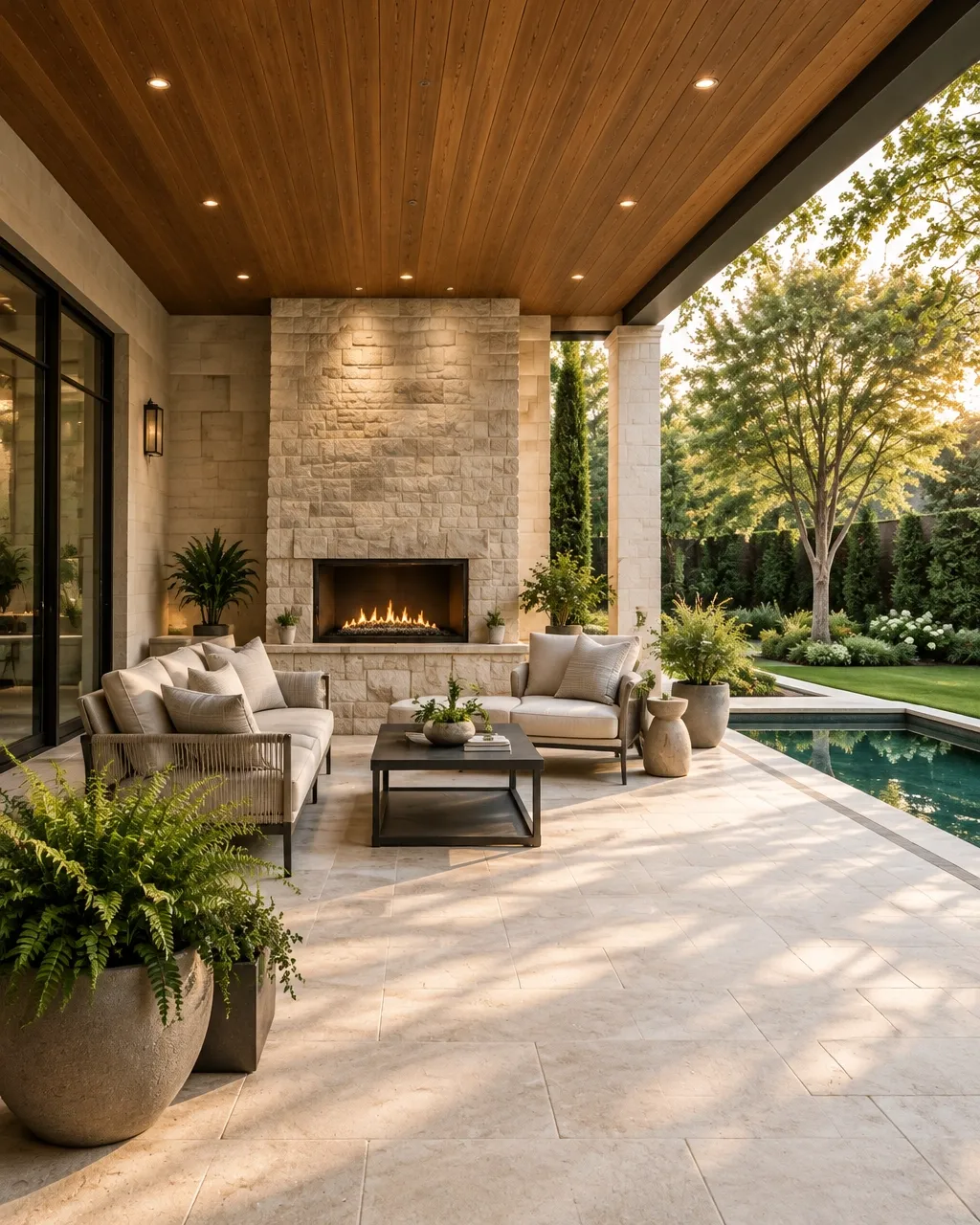 Refined covered terrace opening onto a landscaped garden