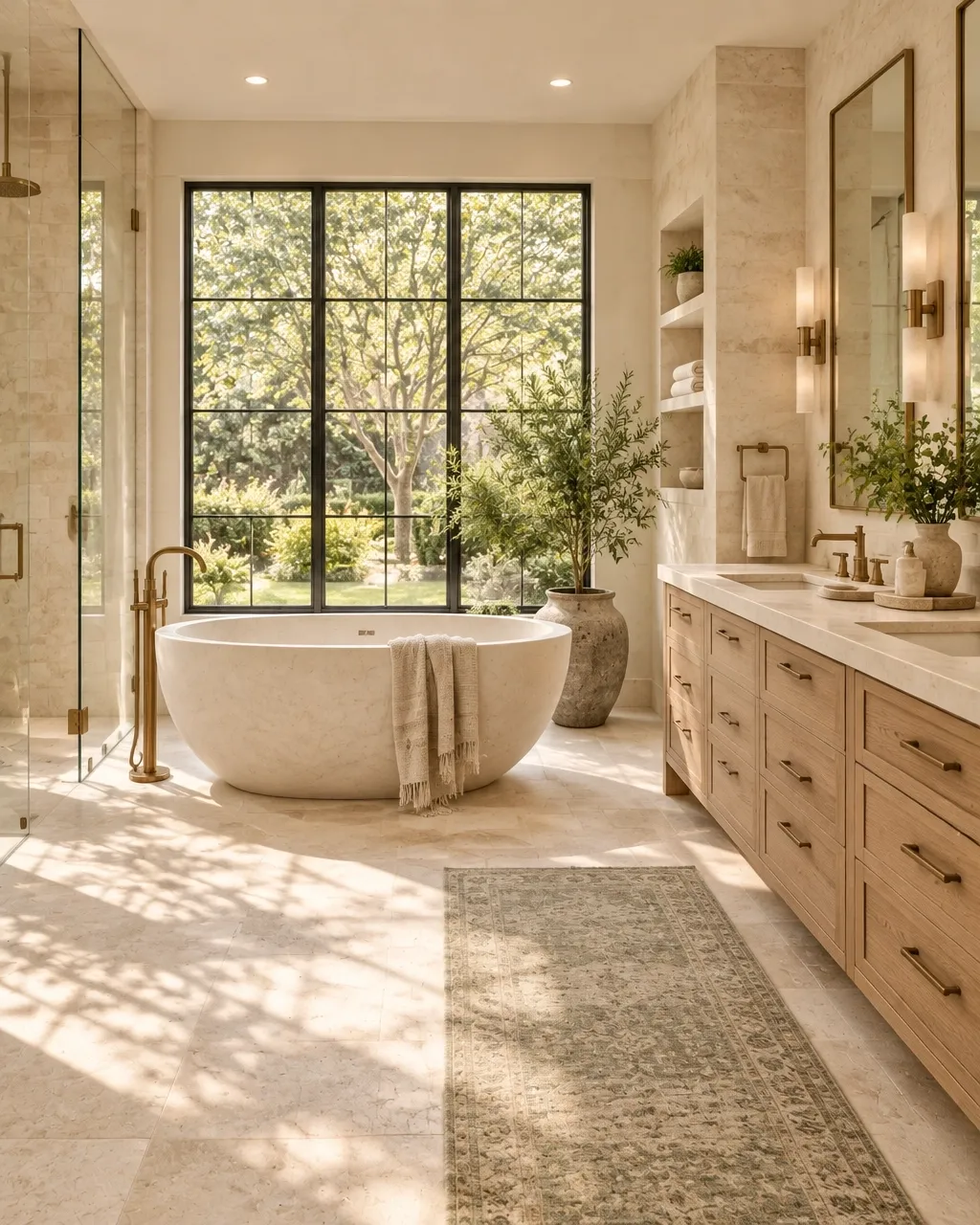 Spa-inspired bathroom with freestanding tub, oak vanity, and garden view