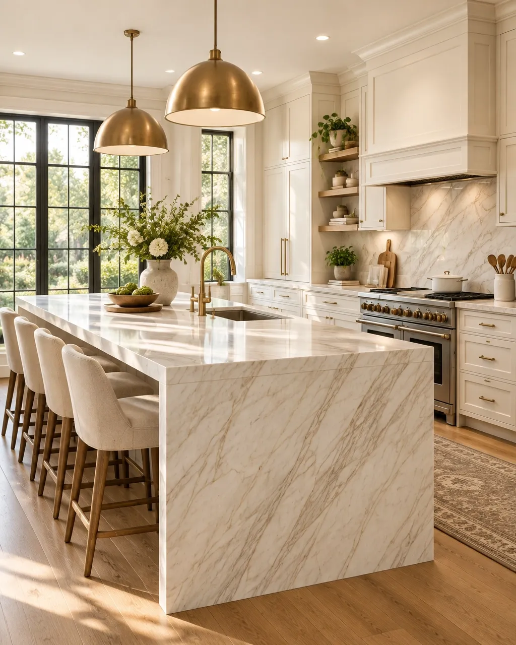 Bright custom kitchen with natural stone island and warm oak accents