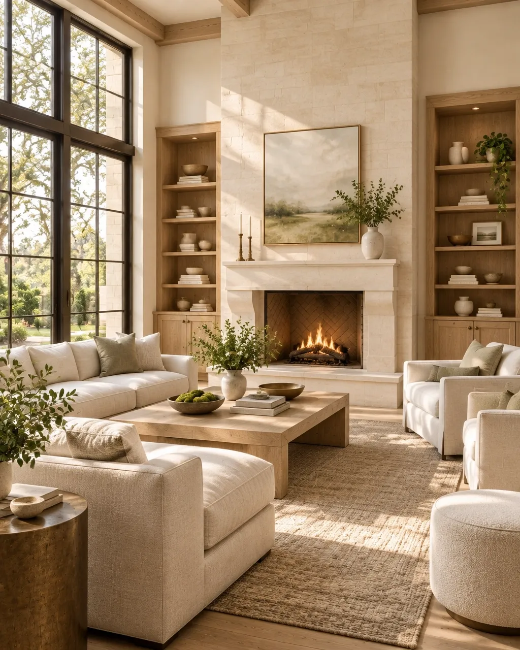 Warm, light-filled living room with oak millwork and a pale stone fireplace
