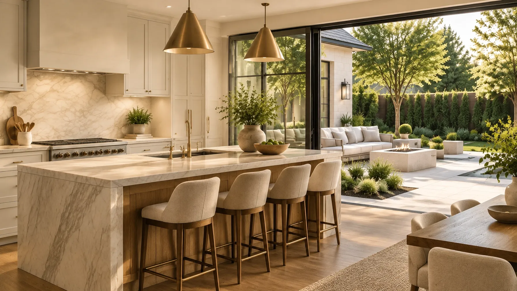 A refined kitchen opening onto a landscaped outdoor living space